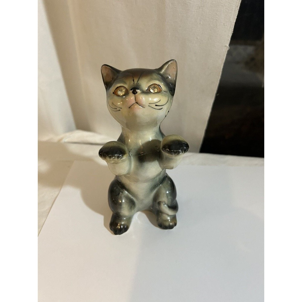 Vintage Porcelain Gray and White Cat Figure 6" Tall Hand Painted Pacific Japan